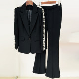 Nail studded diamond slim fit suit with micro flared pants set, two-piece set