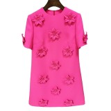 3D flower short sleeved dress fluorescent pink hot pink