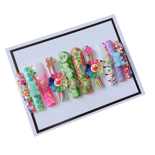 Nail art long style colorful flower candy bear star handmade