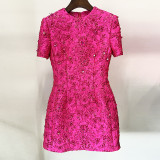 Fashion Rose Pink Series Jacquard Heavy duty Nail Bead Short sleeved Dress