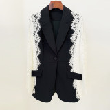 Fashionable slim fit one button contrasting lace patchwork suit jacket