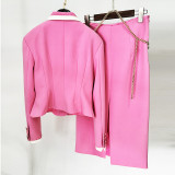 Fashionable white border contrasting small suit jacket, mid length half skirt set, two-piece set