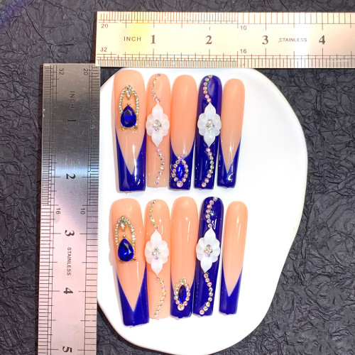 Three dimensional carved flower with diamond style navy blue party style water pipe nail