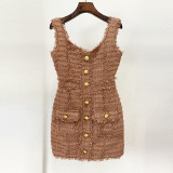 Lion button fringe fringe coarse tweed vest suspender dress