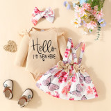0-1 year old girl long sleeved top+floral butterfly suspender skirt headband