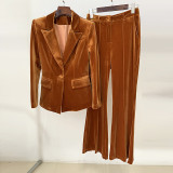 Professional fashion one button gold velvet suit jacket+flared pants set two-piece set