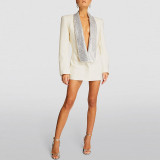 Backless hot pressed diamond green fruit collar long suit jacket skirt