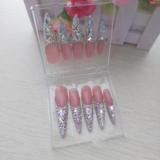 Medium to long French style pure handmade fresh and cool diamond nail art pieces