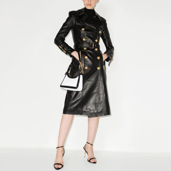 Double breasted waistband leather long windbreaker jacket