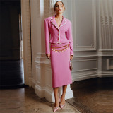 Fashionable white border contrasting small suit jacket, mid length half skirt set, two-piece set