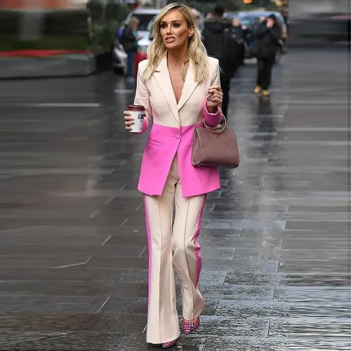 Color blocked professional suit, medium length suit+flared pants set, two-piece set