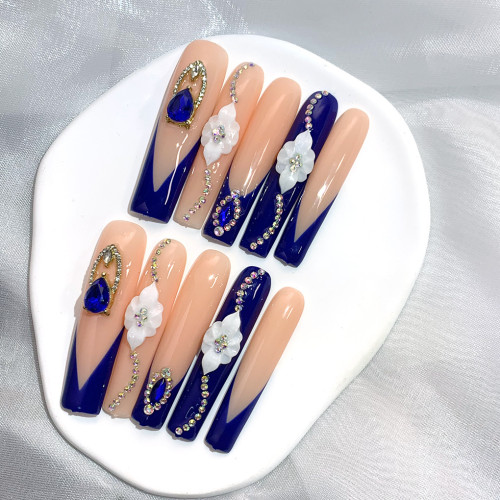 Three dimensional carved flower with diamond style navy blue party style water pipe nail