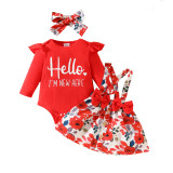 0-1 year old girl long sleeved top+floral butterfly suspender skirt headband