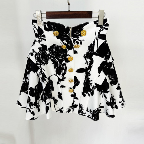 Tulip Waist, Rose Metal Buckle Printed Short Skirt, Half Skirt