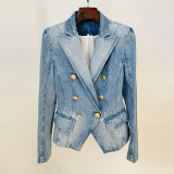 Slim fit double breasted lion button denim suit jacket