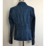 Double row buckle lion buckle washed denim suit jacket
