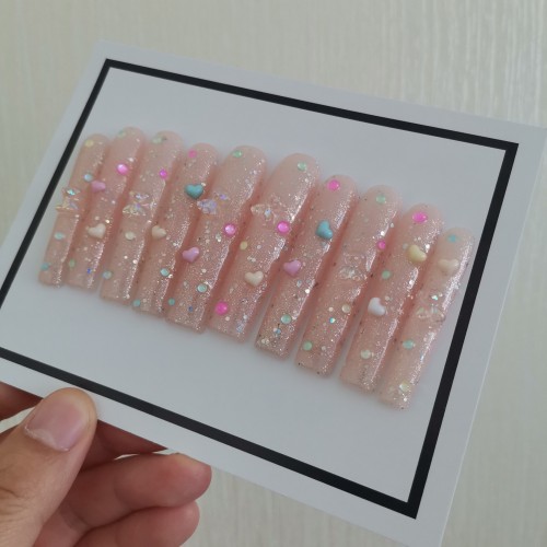 Ultra long colorful heart-shaped three-dimensional handmade nail art