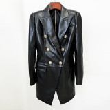 Tailored hip hugging double breasted suit skirt imitating genuine leather dress
