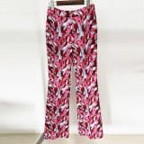 Fashionable seven quarter sleeve feather print collarless suit jacket, micro flared pants