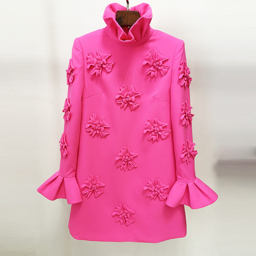Handmade three-dimensional flower trumpet sleeve dress