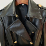 Double breasted waistband leather long windbreaker jacket