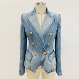 Slim fit double breasted lion button denim suit jacket