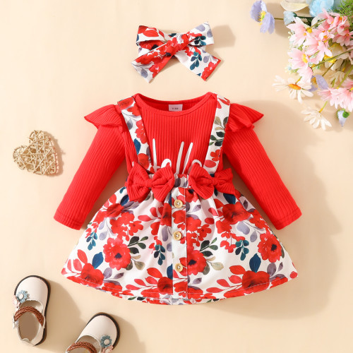 0-1 year old girl long sleeved top+floral butterfly suspender skirt headband