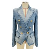 Slim fit double breasted lion button denim suit jacket