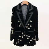 Tailored bee heavy industry diamond studded pearl velvet suit jacket