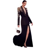 Diamond studded pearl studded suit jacket, split fish tail long skirt