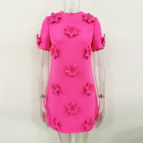 3D flower short sleeved dress fluorescent pink hot pink