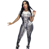 3D printed short sleeved sports tight fitting hip lifting long jumpsuit