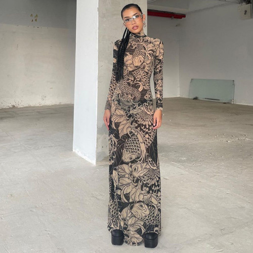 High neck fashionable personalized mesh printed see through slim fit dress