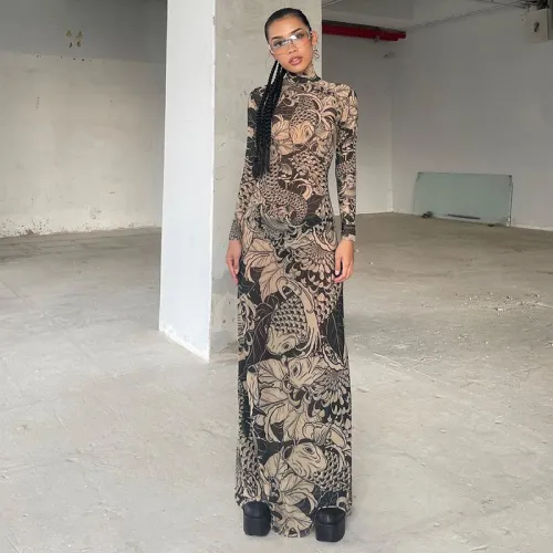 High neck fashionable personalized mesh printed see through slim fit dress