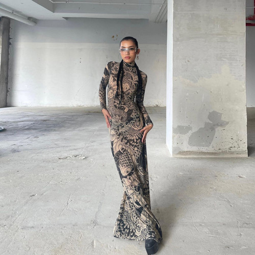 High neck fashionable personalized mesh printed see through slim fit dress