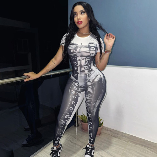 3D printed short sleeved sports tight fitting hip lifting long jumpsuit