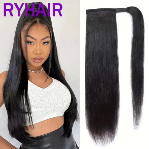 Real hair Wrap Around&Drawstring Straight Pontail hair wig