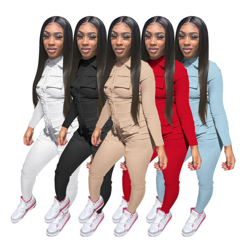 D88219 solid color long workwear zipper pocket jumpsuit