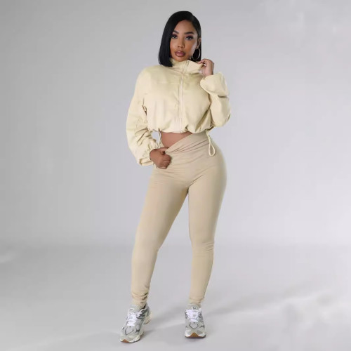 TW502 hooded loose long sleeved top, tight pants sports two-piece set