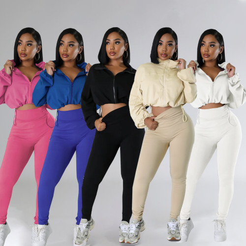 TW502 hooded loose long sleeved top, tight pants sports two-piece set
