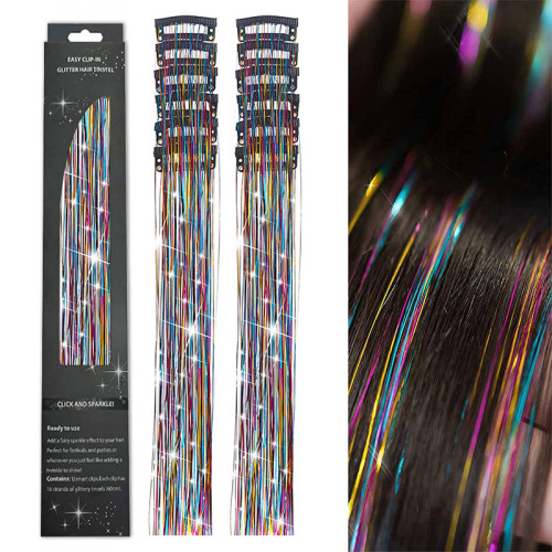 Laser gold wire tinsel hair color box set of 12 pieces, colorful hair extension metal wire
