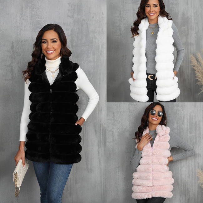 Imitation fur vest, medium long vest, vest, zipper style