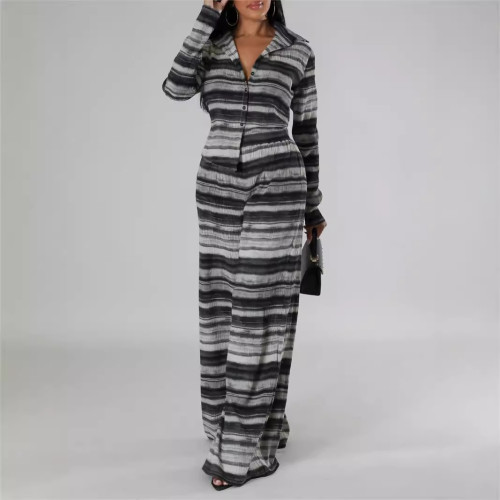 Striped shirt collar cardigan loose casual two-piece set for women
