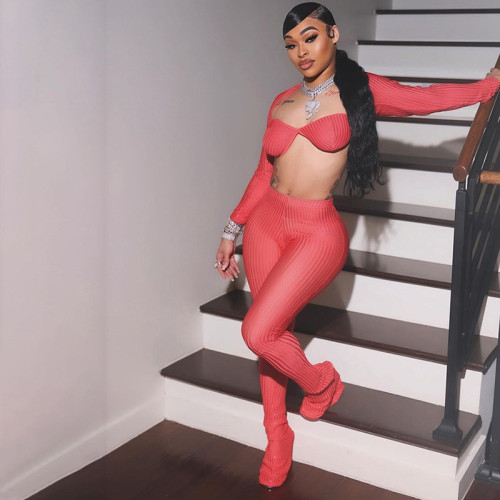 Long sleeved navel tied sexy slim fit pants set