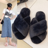 Cross over hairy slippers for women, flat cotton slippers for warmth, women's shoes