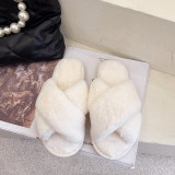 Cross over hairy slippers for women, flat cotton slippers for warmth, women's shoes