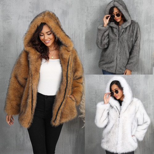 Imitation fur coat solid color loose hooded short fur collar jacket