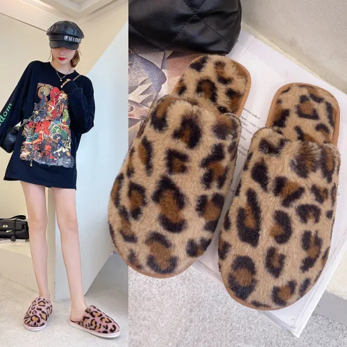 Leopard print warm and fashionable indoor cotton slippers for women