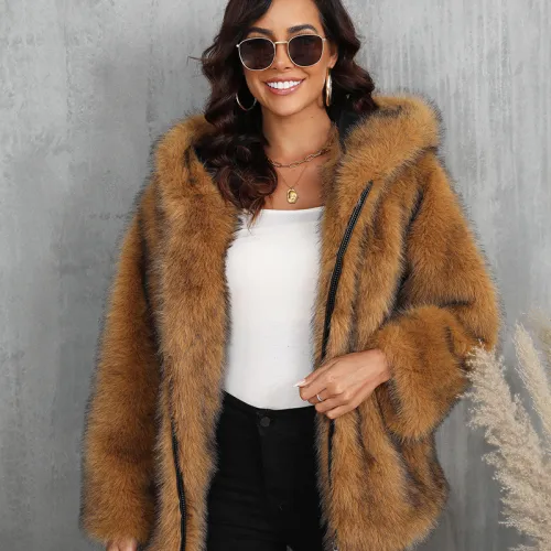 Imitation fur coat solid color loose hooded short fur collar jacket