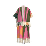 TS1291 women's casual color blocked tassel knit jacket